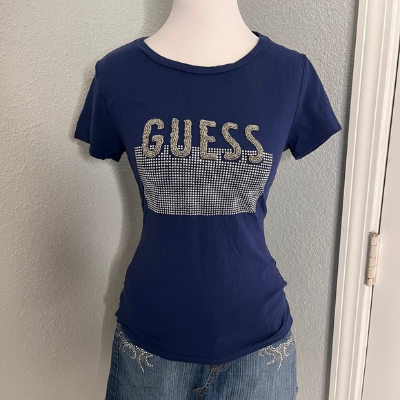 Guess Rhinestone Embellished Tee Y2K Sparkly Logo Short Sleeve Top - Picture 2 of 8